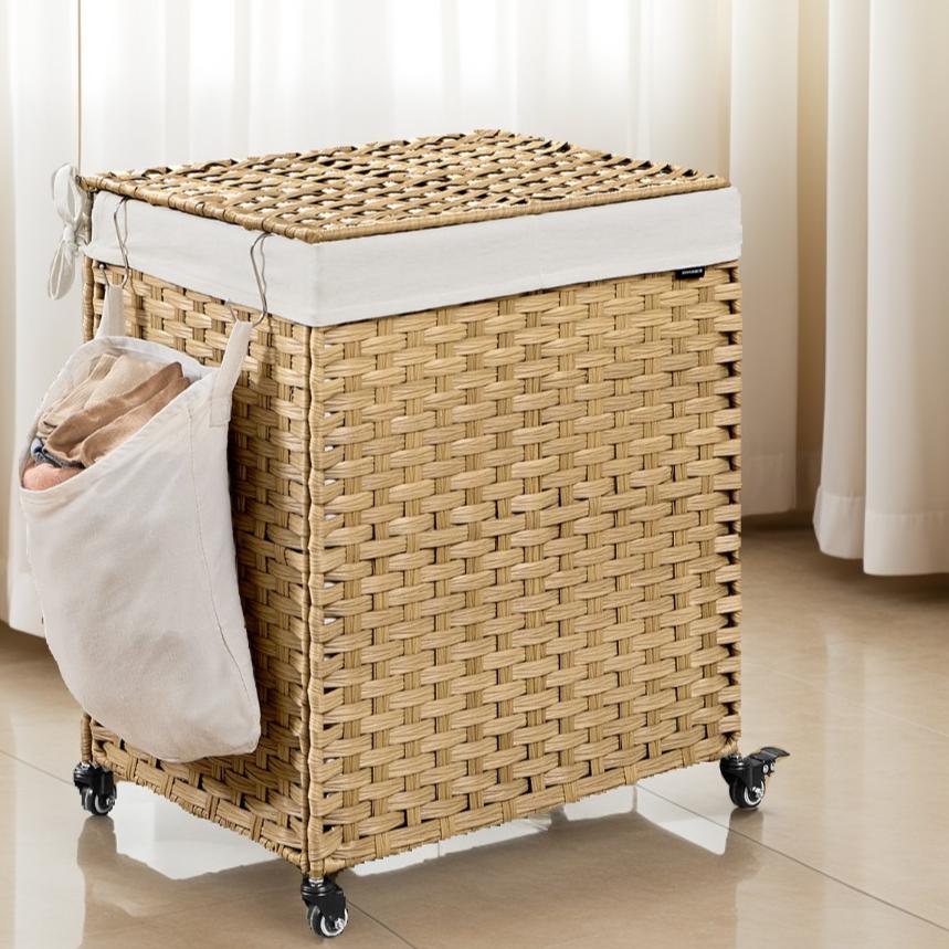 38.3 Gallon Rolling Laundry Hamper with Wheels, 2-Section Laundry Basket with Removable Liner, Synthetic Rattan, Natural Color