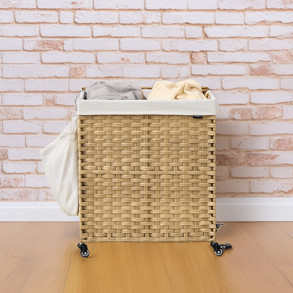 38.3 Gallon Rolling Laundry Hamper with Wheels, 2-Section Laundry Basket with Removable Liner, Synthetic Rattan, Natural Color