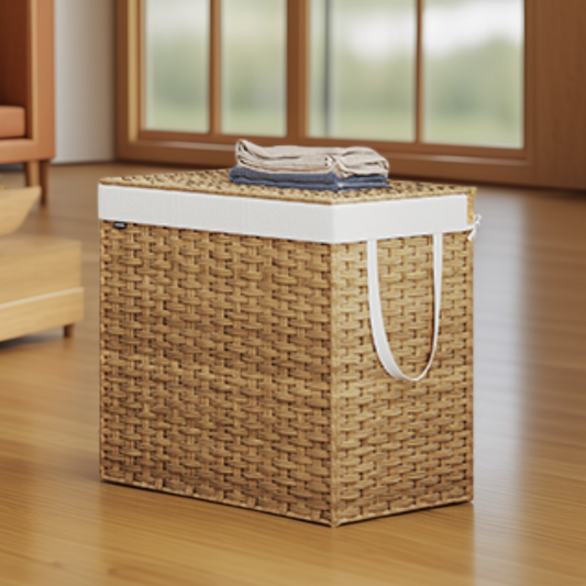 160 L Laundry Hamper with Lid, 3-Section Wicker Basket with Removable Liners and Mesh Bags, Double Laundry Organizer, Natural