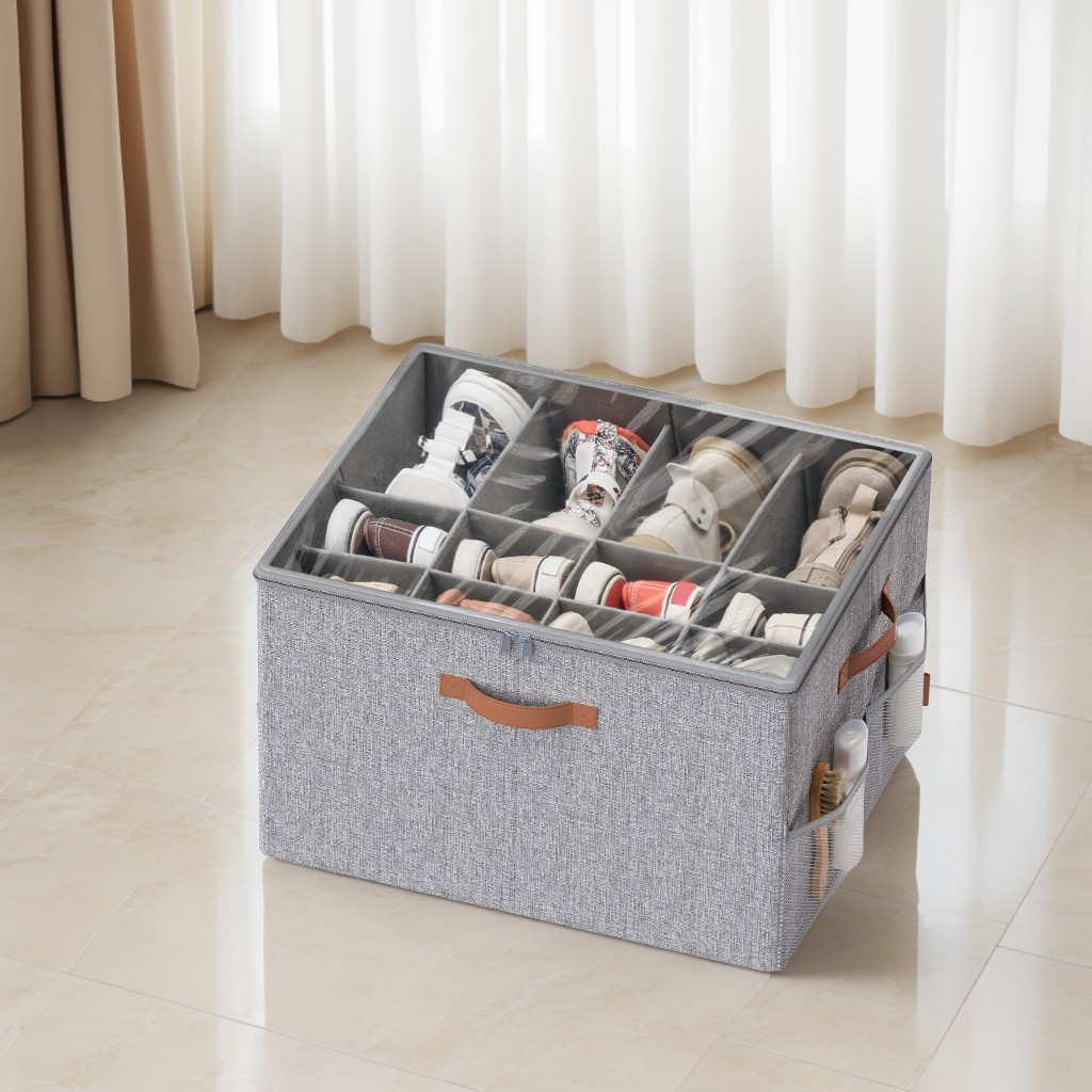 Shoe Storage Bin with Clear Cover, Adjustable Dividers Fabric Organizer for 16 Pairs of Shoes, Portable and Customizable, Dove Gray