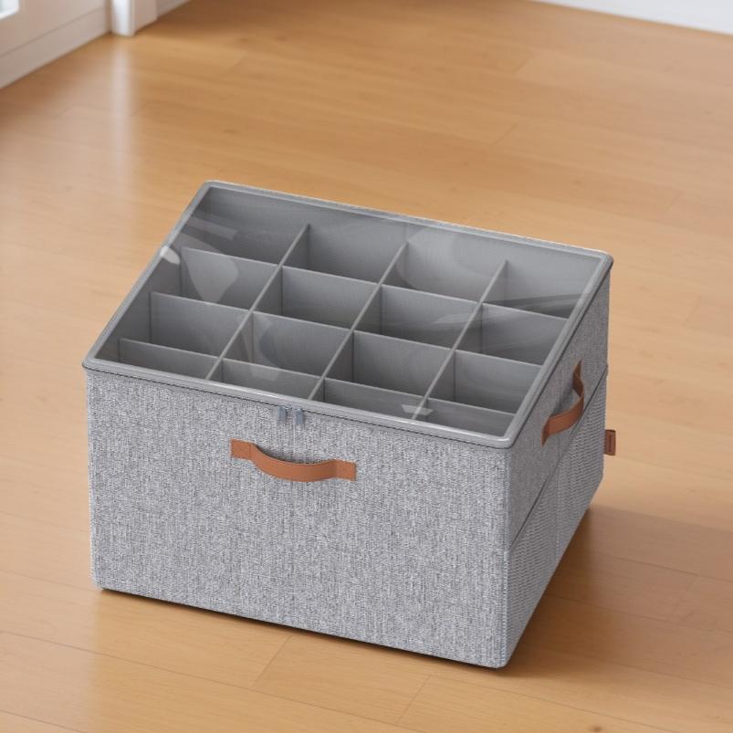 Shoe Storage Bin with Clear Cover, Adjustable Dividers Fabric Organizer for 16 Pairs of Shoes, Portable and Customizable, Dove Gray