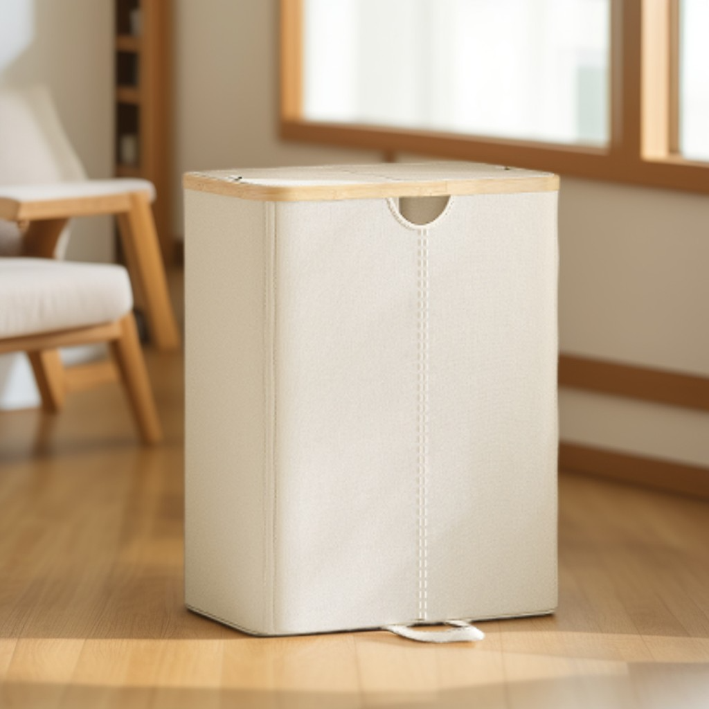 39 Gallon Dual Compartment Laundry Hamper with Removable Liners, 2 Lid Laundry Basket for Bedroom and Living Room, Cream White and Light Bamboo