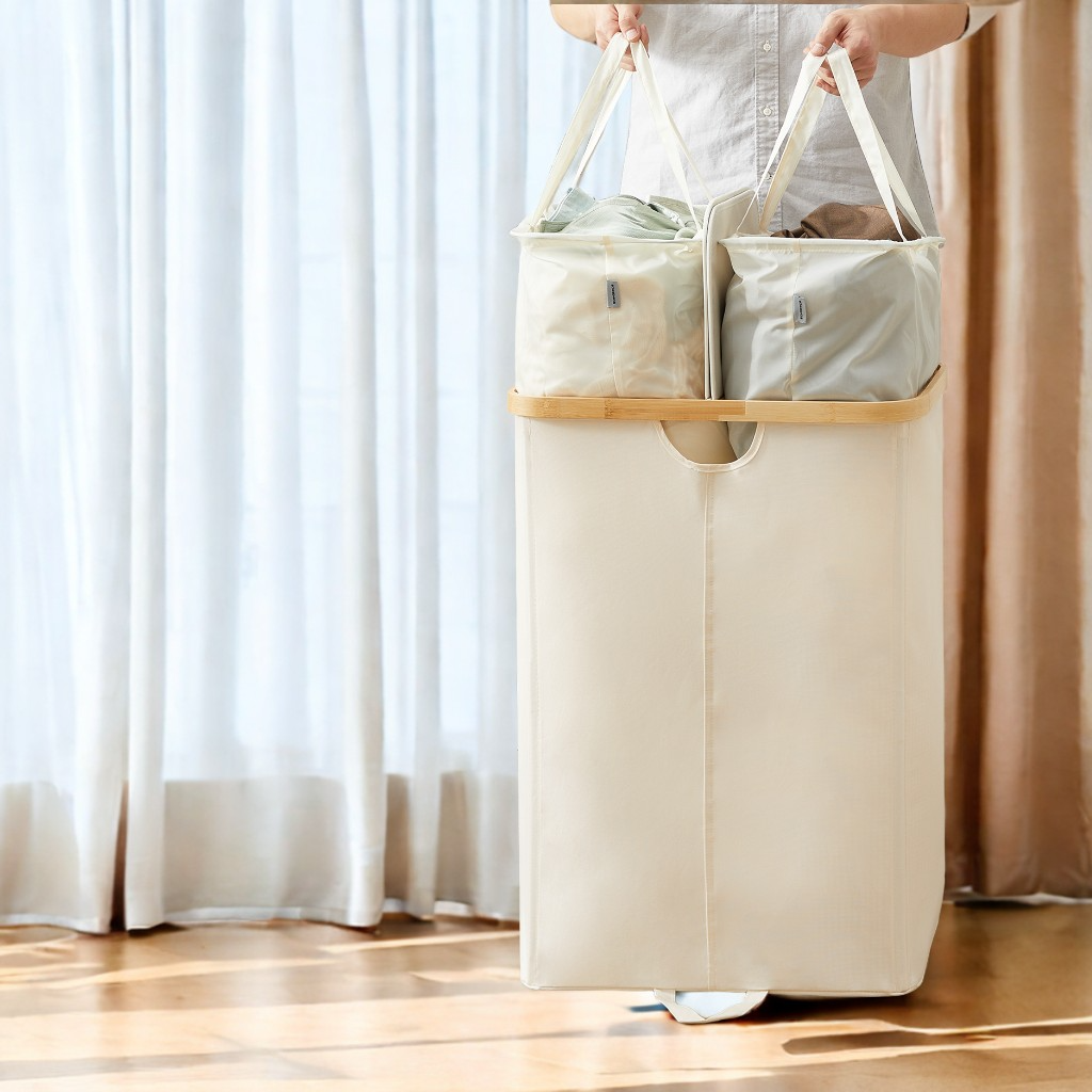 39 Gallon Dual Compartment Laundry Hamper with Removable Liners, 2 Lid Laundry Basket for Bedroom and Living Room, Cream White and Light Bamboo