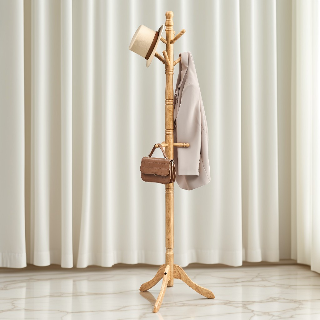 Solid Wood Coat Rack with 10 Hooks, Free Standing Coat Tree for Entryway and Hallway, Rubberwood, Natural Beige