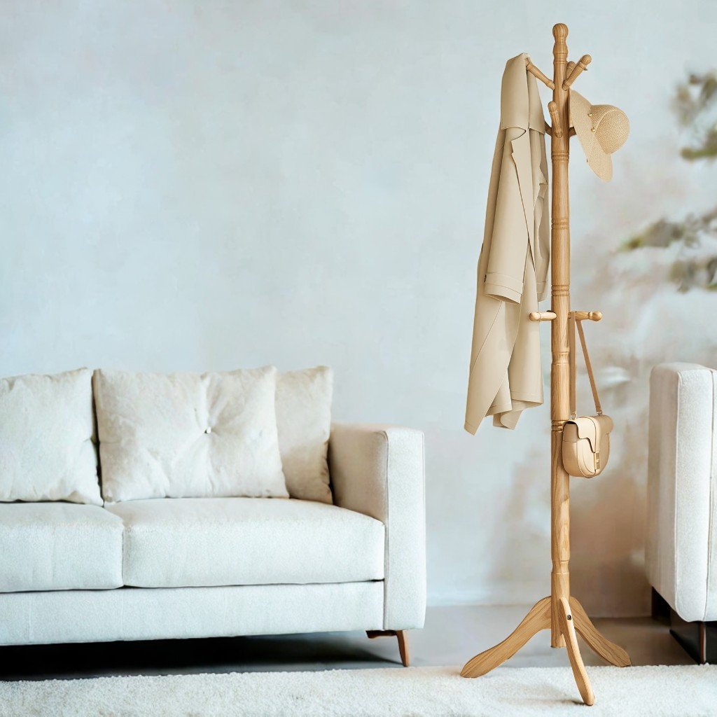 Solid Wood Coat Rack with 10 Hooks, Free Standing Coat Tree for Entryway and Hallway, Rubberwood, Natural Beige