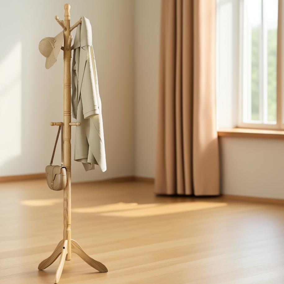 Solid Wood Coat Rack with 10 Hooks, Free Standing Coat Tree for Entryway and Hallway, Rubberwood, Natural Beige
