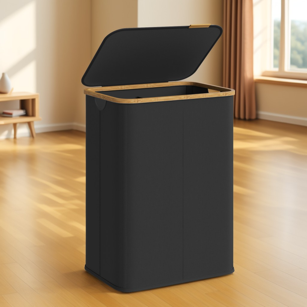 26.4 Gallon Laundry Hamper with Lid, Foldable Bamboo Frame Storage Basket for Bedroom and Living Room, Ink Black