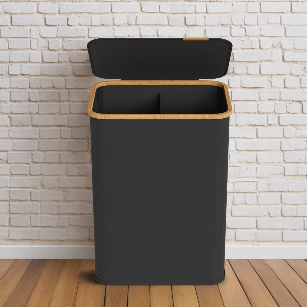 26.4 Gallon Laundry Hamper with Lid, Foldable Bamboo Frame Storage Basket for Bedroom and Living Room, Ink Black
