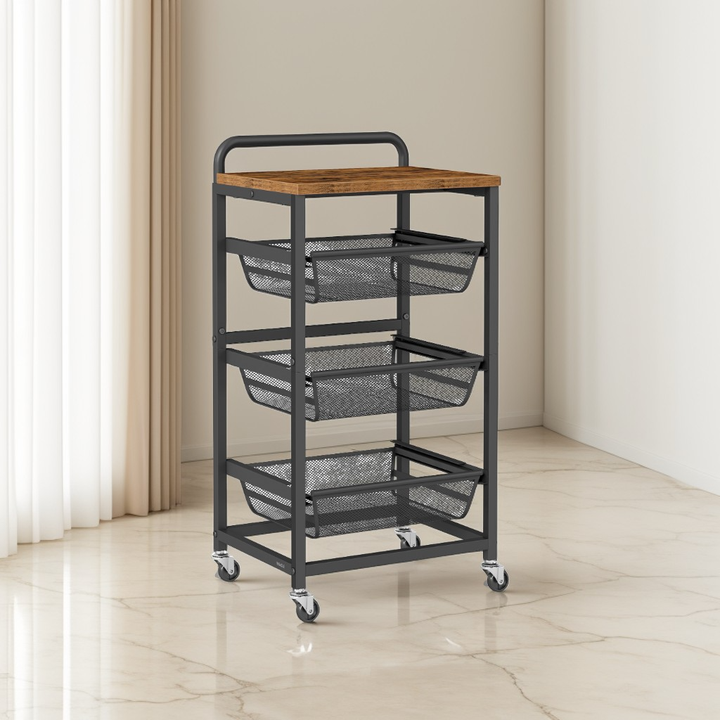 4-Tier Storage Cart with 3 Pull-Out Baskets, Mobile Kitchen Cart with Wheels and Handle, Rustic Brown and Ink Black