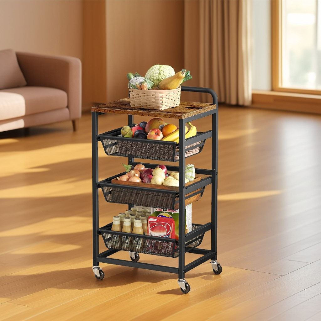 4-Tier Storage Cart with 3 Pull-Out Baskets, Mobile Kitchen Cart with Wheels and Handle, Rustic Brown and Ink Black