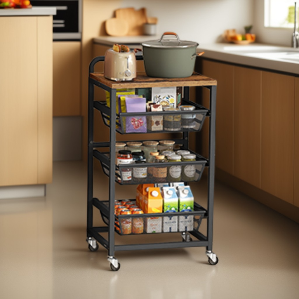 4-Tier Storage Cart with 3 Pull-Out Baskets, Mobile Kitchen Cart with Wheels and Handle, Rustic Brown and Ink Black