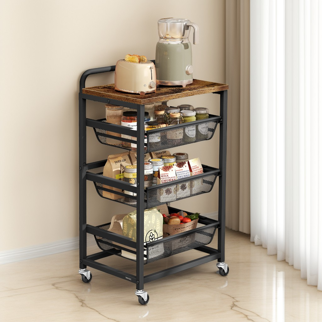 4-Tier Storage Cart with 3 Pull-Out Baskets, Mobile Kitchen Cart with Wheels and Handle, Rustic Brown and Ink Black