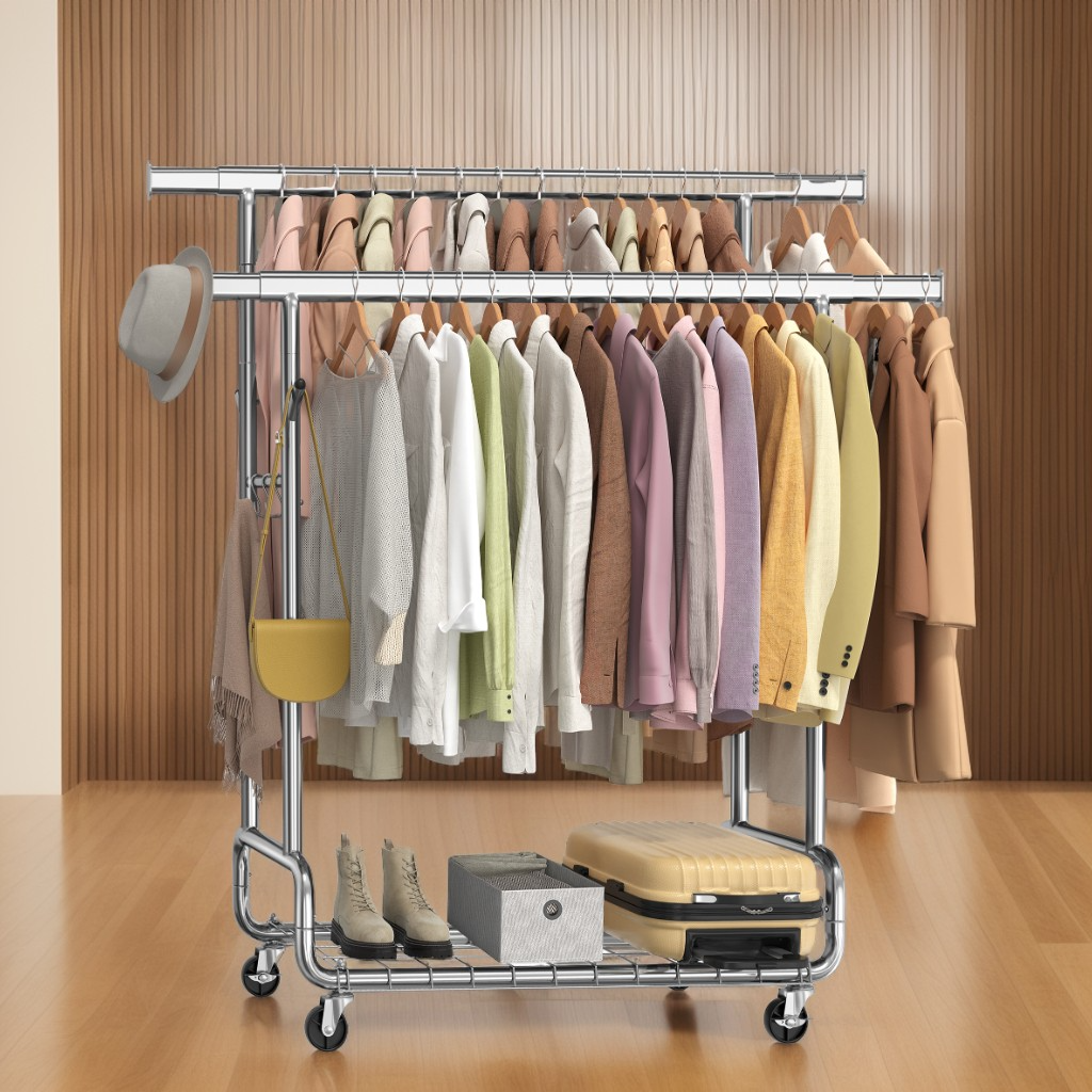 Heavy-Duty Garment Rack with 2 Extendable Hanging Rods and Wheels, Clothes Rack for Hanging with 594 lb Capacity, 42.1-59 Inches Wide