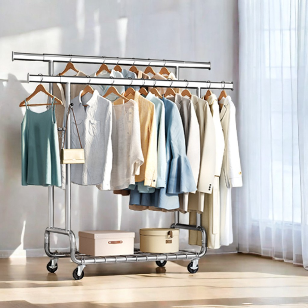 Heavy-Duty Garment Rack with 2 Extendable Hanging Rods and Wheels, Clothes Rack for Hanging with 594 lb Capacity, 42.1-59 Inches Wide