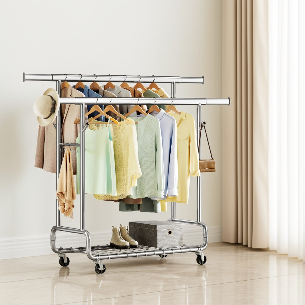 Heavy-Duty Garment Rack with 2 Extendable Hanging Rods and Wheels, Clothes Rack for Hanging with 594 lb Capacity, 42.1-59 Inches Wide