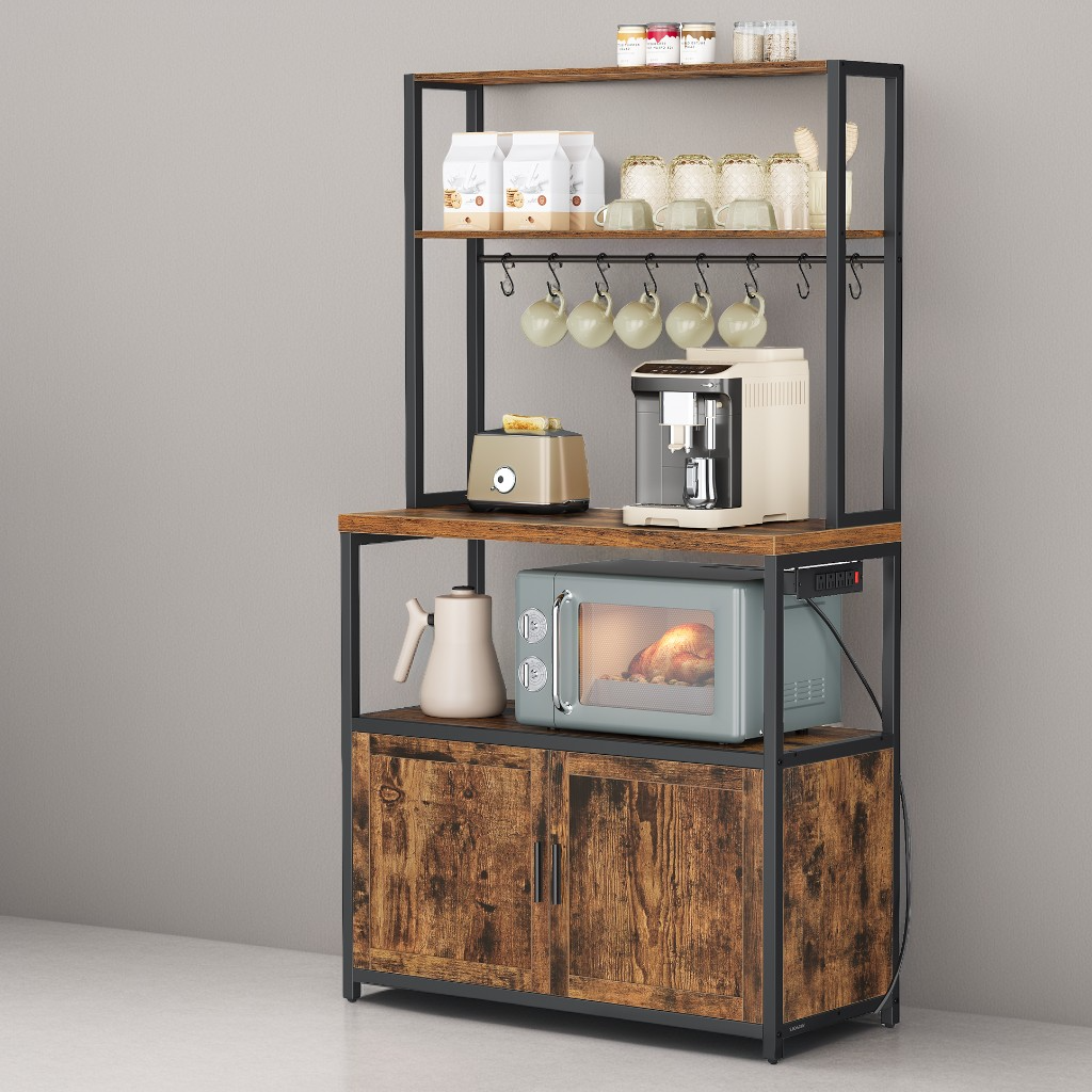Kitchen Bakers Rack with Power Outlet, Coffee Bar with 35.4-Inch High Worktop and Microwave Stand, Rustic Brown and Ink Black