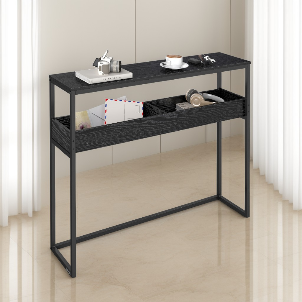 2-Tier Narrow Console Table, Semi-Open Compartment Entryway Table for Hallway and Living Room, Ebony Black and Ink Black