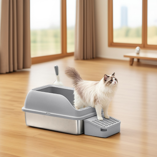 Stainless Steel Open Top Cat Litter Box with Step, High-Sided Litter Tray for Cats up to 33 lb, Slate Gray