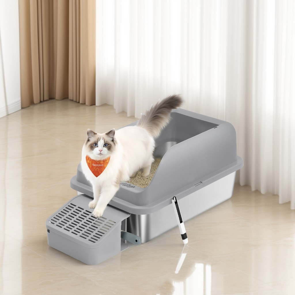 Stainless Steel Open Top Cat Litter Box with Step, High-Sided Litter Tray for Cats up to 33 lb, Slate Gray