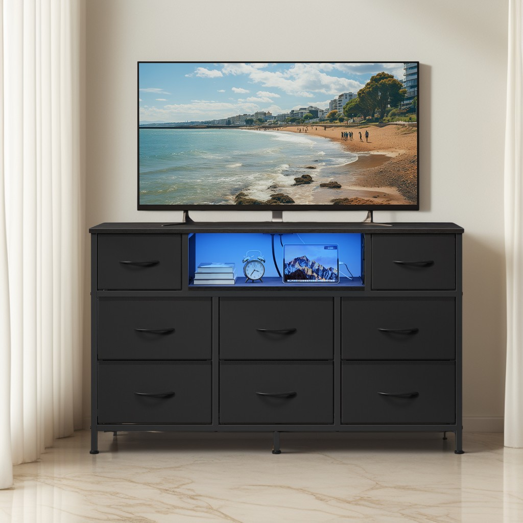 8-Drawer Dresser with LED Lights & Charging Station, Modern Chest of Drawers for Bedroom, Living Room, Fits TVs up to 55 Inches, Ink Black