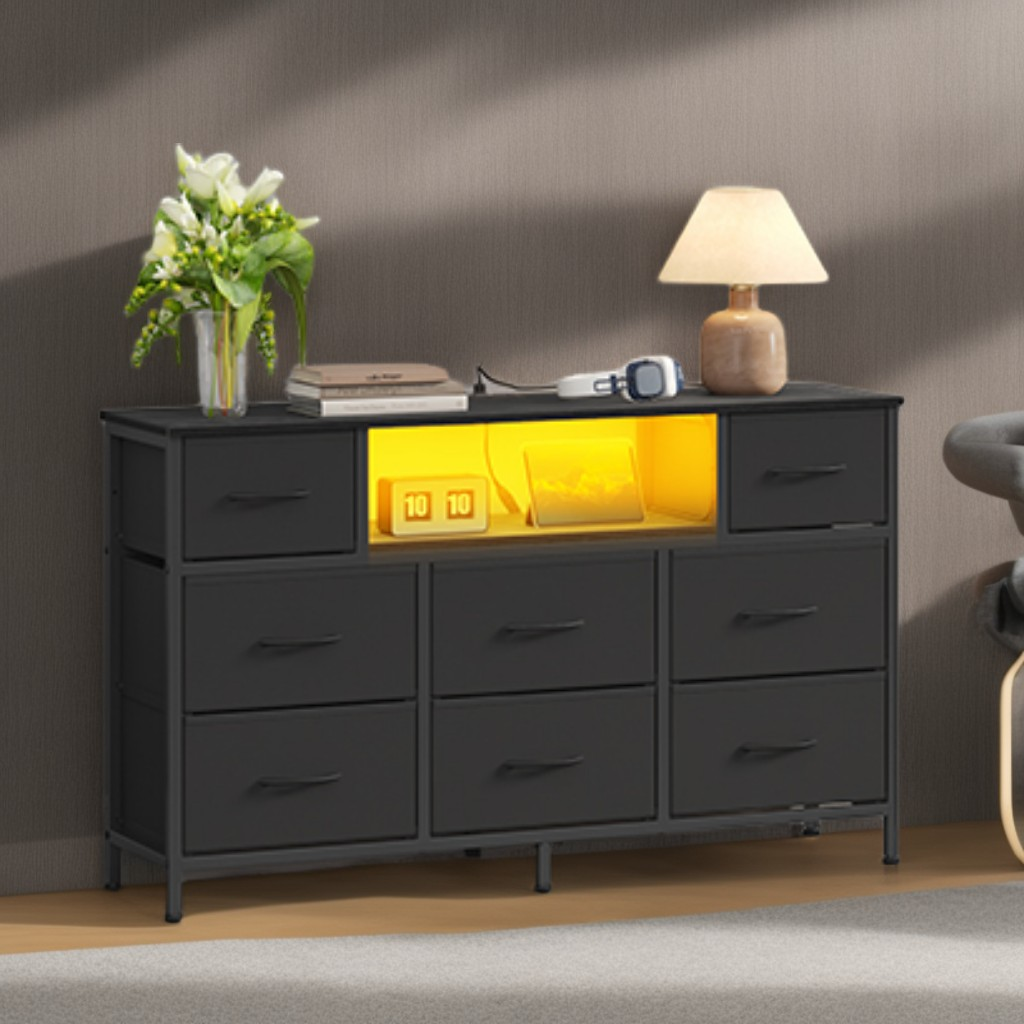 8-Drawer Dresser with LED Lights & Charging Station, Modern Chest of Drawers for Bedroom, Living Room, Fits TVs up to 55 Inches, Ink Black