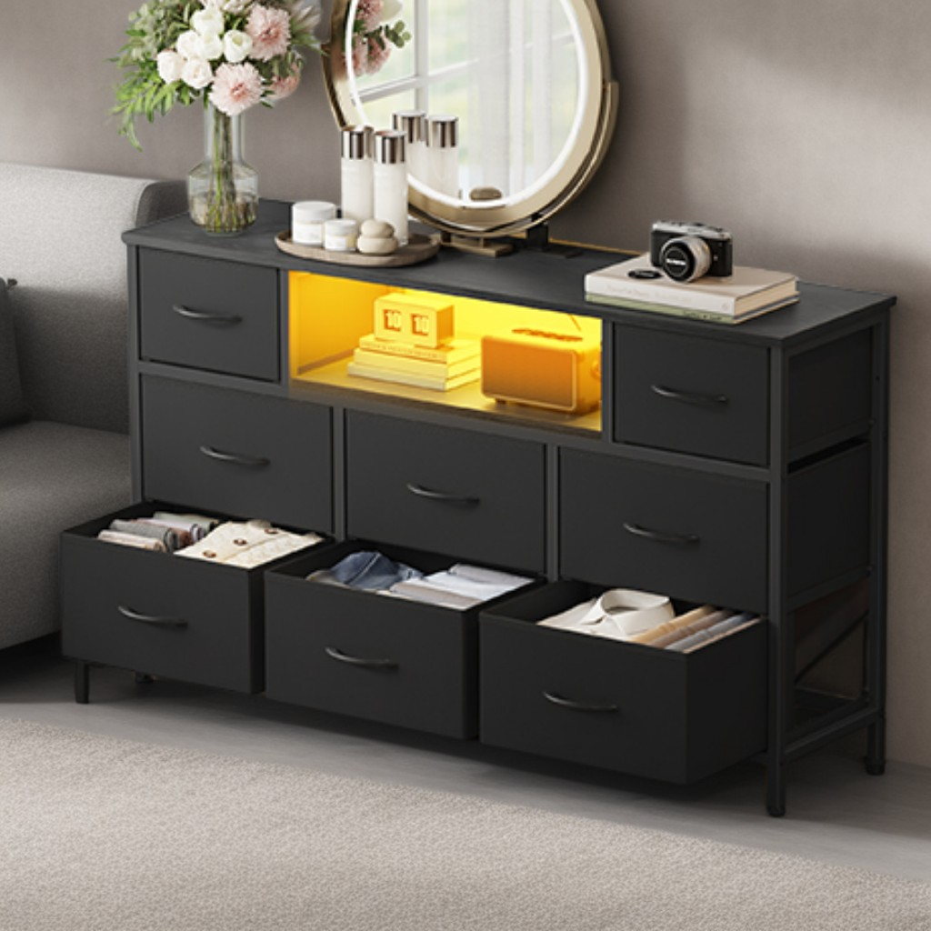 8-Drawer Dresser with LED Lights & Charging Station, Modern Chest of Drawers for Bedroom, Living Room, Fits TVs up to 55 Inches, Ink Black