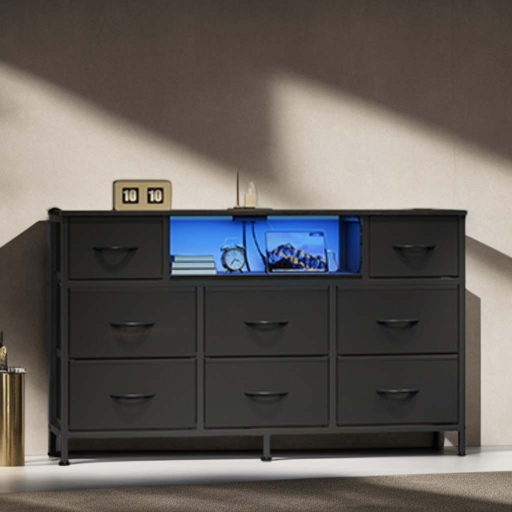 8-Drawer Dresser with LED Lights & Charging Station, Modern Chest of Drawers for Bedroom, Living Room, Fits TVs up to 55 Inches, Ink Black