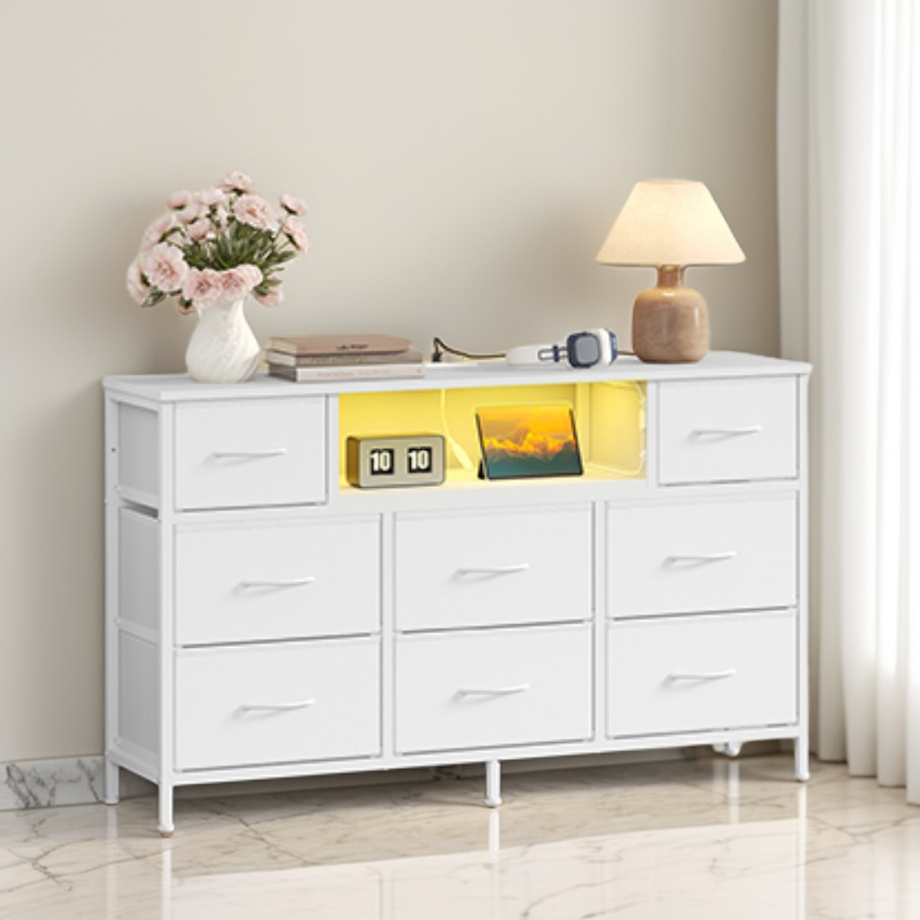 8-Drawer Dresser with LED Lights & Charging Station, Modern Chest of Drawers for Bedroom, Living Room, Fits TVs up to 55 Inches, Cloud White