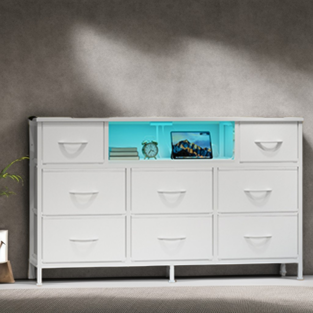 8-Drawer Dresser with LED Lights & Charging Station, Modern Chest of Drawers for Bedroom, Living Room, Fits TVs up to 55 Inches, Cloud White