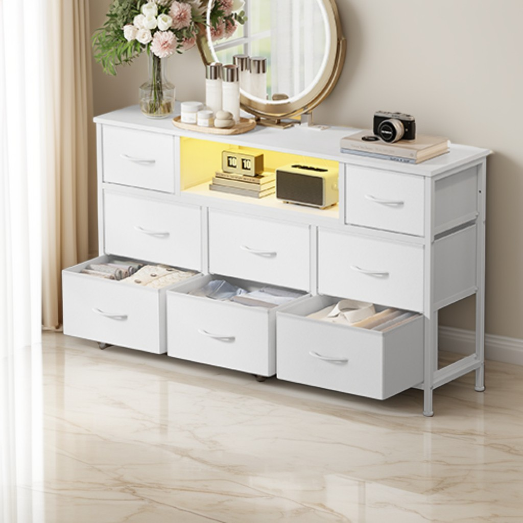 8-Drawer Dresser with LED Lights & Charging Station, Modern Chest of Drawers for Bedroom, Living Room, Fits TVs up to 55 Inches, Cloud White