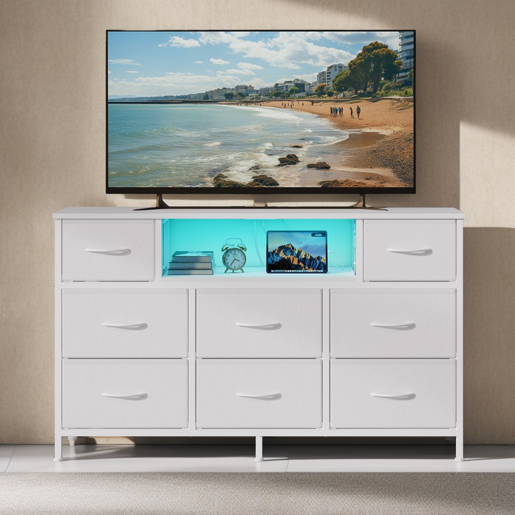 8-Drawer Dresser with LED Lights & Charging Station, Modern Chest of Drawers for Bedroom, Living Room, Fits TVs up to 55 Inches, Cloud White