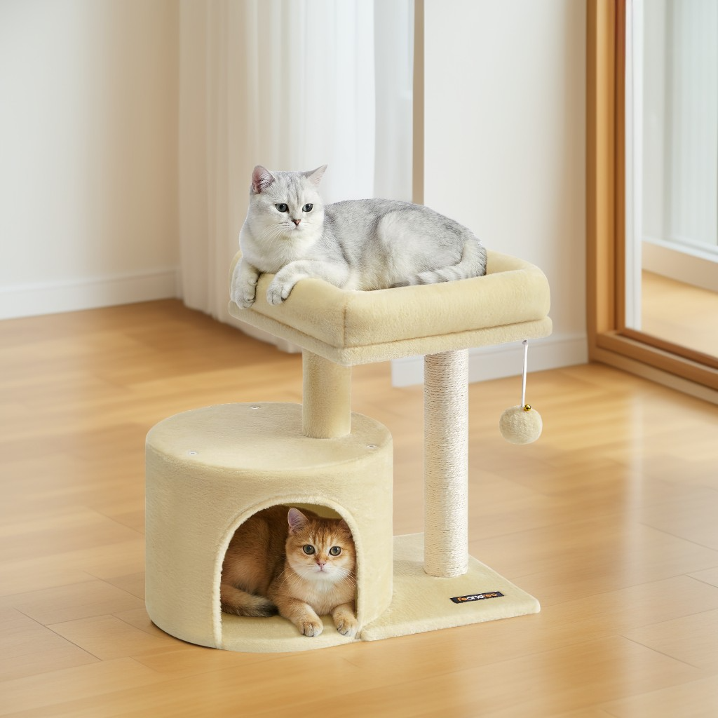 Small Cat Tree Tower with Sisal Scratching Post, Plush Condo with Padded Perch & Cave, for Kittens, Small Spaces, Sand Beige