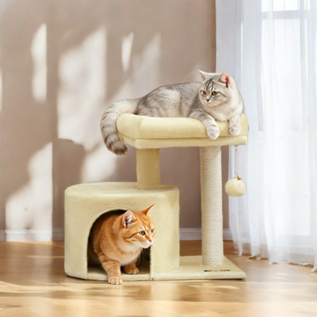 Small Cat Tree Tower with Sisal Scratching Post, Plush Condo with Padded Perch & Cave, for Kittens, Small Spaces, Sand Beige