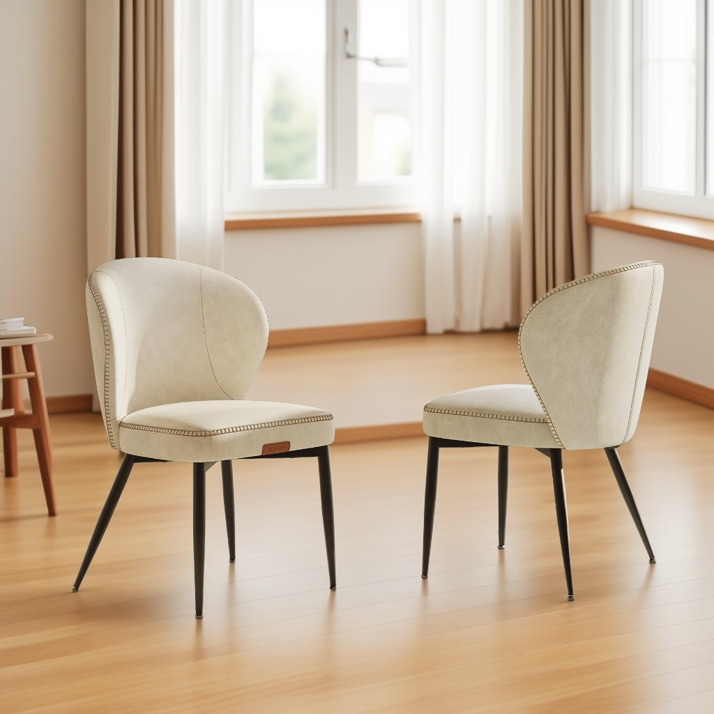 Set of 2 Mid-Century Modern Dining Chairs, Upholstered Kitchen Chairs with Synthetic Leather & Stitching, Award-Winning Design, Cream White