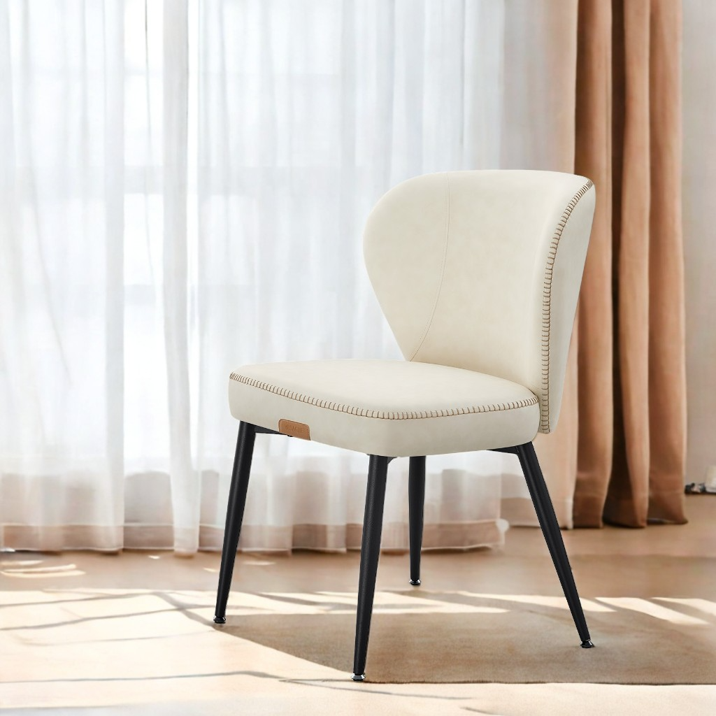 Set of 2 Mid-Century Modern Dining Chairs, Upholstered Kitchen Chairs with Synthetic Leather & Stitching, Award-Winning Design, Cream White
