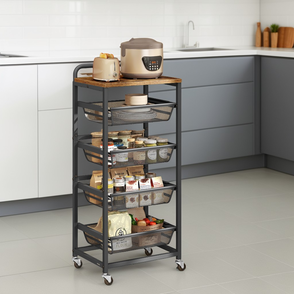5-Tier Rolling Kitchen Cart with Pull-Out Baskets, Utility Storage Cart with Wheels & Handle, for Snacks, 37.4 x 15.8 x 12.5 Inches, Rustic Brown and Ink Black