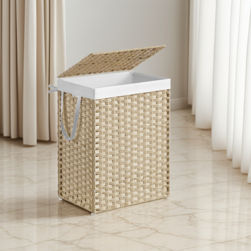 Laundry Hamper with Lid, 23.8 Gallon Large Clothes Basket with Handles & Removable Liner, Synthetic Rattan with Metal Frame, Foldable & Ventilated, Summer Sand