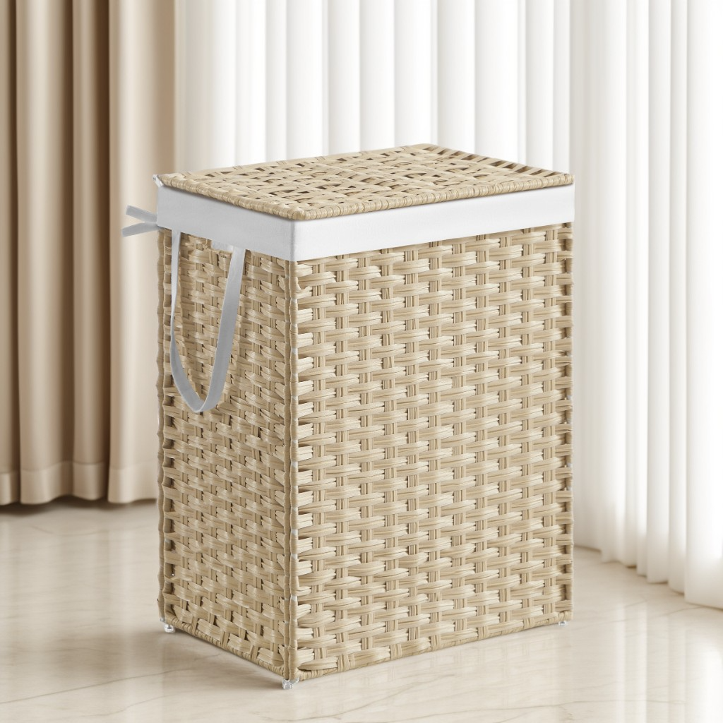 Laundry Hamper with Lid, 23.8 Gallon Large Clothes Basket with Handles & Removable Liner, Synthetic Rattan with Metal Frame, Foldable & Ventilated, Summer Sand