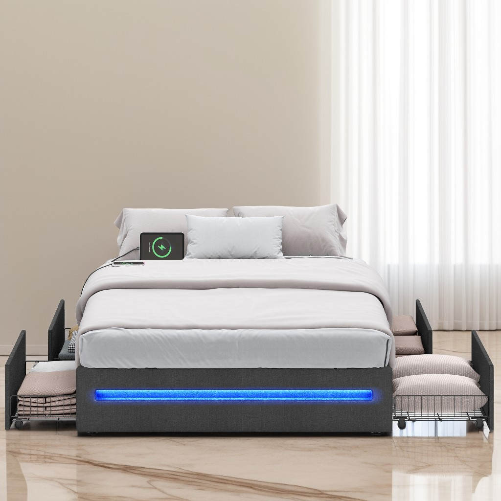Queen Bed Frame with LED Lights & Charging Station, 4 Drawer Storage Bed with USB Type-C Ports, Steel Slats No Box Spring Needed, Dark Gray