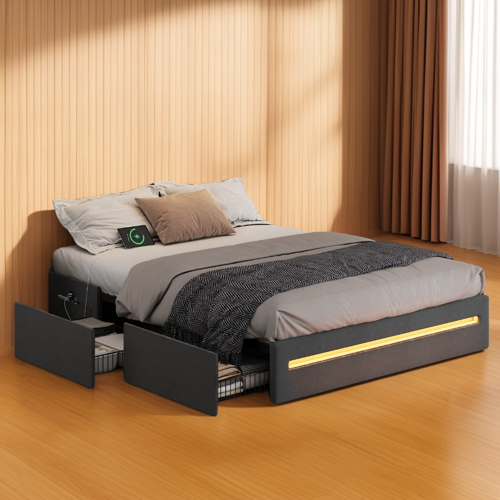 Queen Bed Frame with LED Lights & Charging Station, 4 Drawer Storage Bed with USB Type-C Ports, Steel Slats No Box Spring Needed, Dark Gray