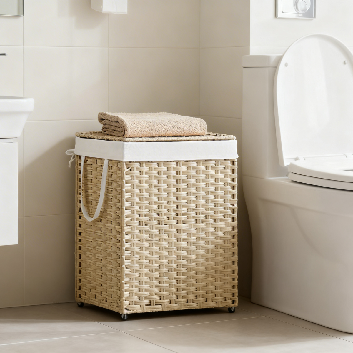 Laundry Hamper with Lid, 23.8 Gallon Large Clothes Basket with Handles & Removable Liner, Synthetic Rattan with Metal Frame, Foldable & Ventilated, Summer Sand