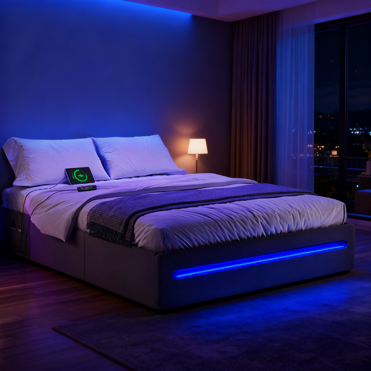 Queen Bed Frame with LED Lights & Charging Station, 4 Drawer Storage Bed with USB Type-C Ports, Steel Slats No Box Spring Needed, Dark Gray