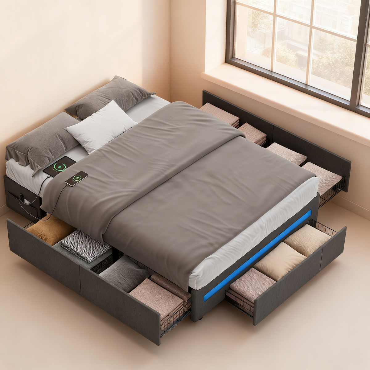 Queen Bed Frame with LED Lights & Charging Station, 4 Drawer Storage Bed with USB Type-C Ports, Steel Slats No Box Spring Needed, Dark Gray