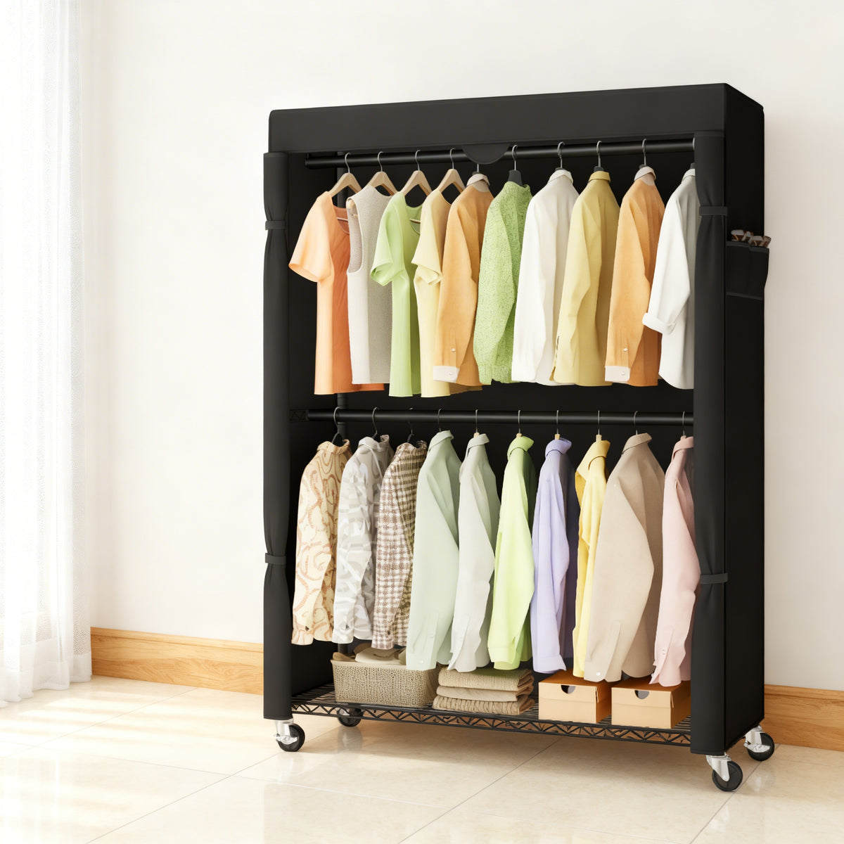 Heavy-Duty Rolling Clothes Rack, Portable Garment Rack on Wheels with Fabric Cover & Adjustable Shelves, Tool-Free Assembly, Ink Black