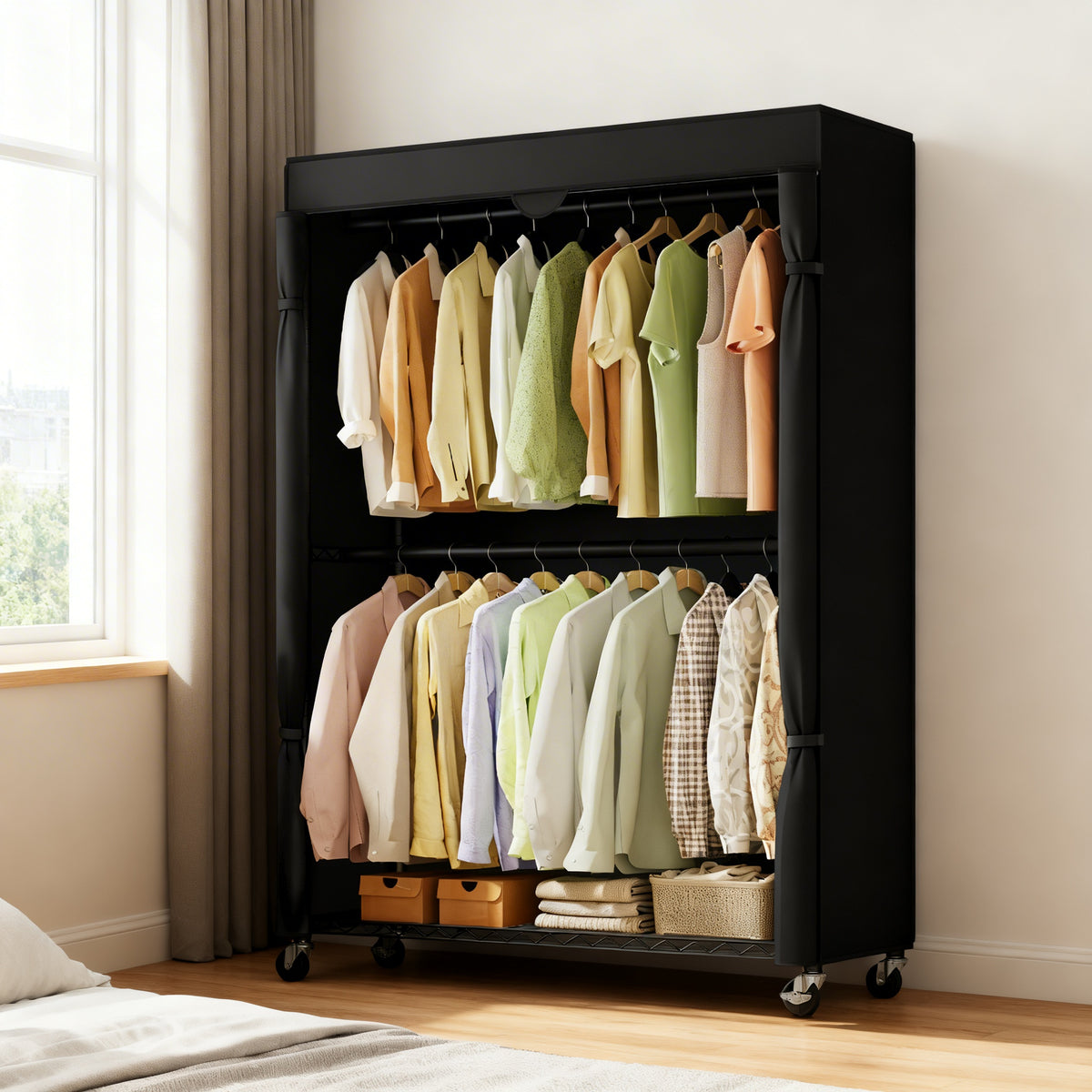 Heavy-Duty Rolling Clothes Rack, Portable Garment Rack on Wheels with Fabric Cover & Adjustable Shelves, Tool-Free Assembly, Ink Black