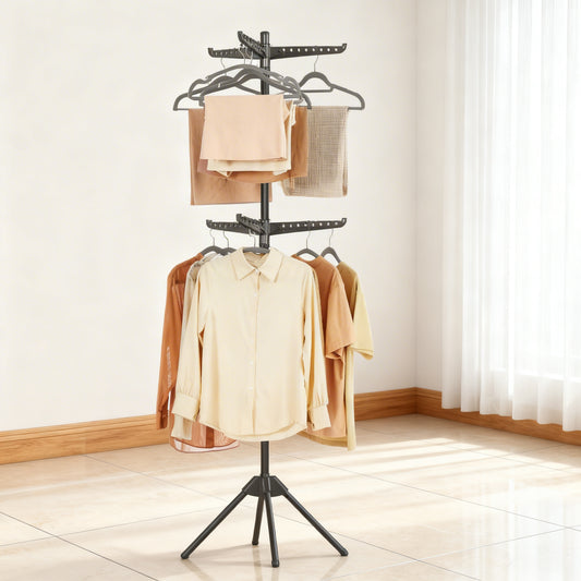 2-Tier Clothes Drying Rack, 75.2-Inch Folding Laundry Rack with 6 Rotatable Arms for Hangers, Stainless Steel Holds 54 Pieces, Black