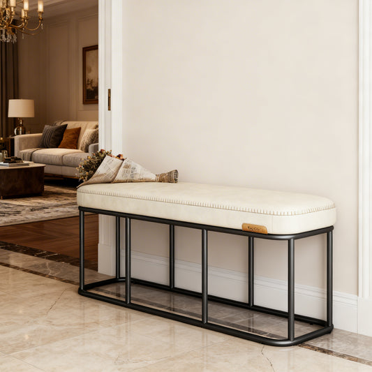 Storage Bench for Entryway, Ottoman Bench with Steel Frame & Synthetic Leather, Mid-Century Modern 43.3-Inch Wide Seat, Cream White