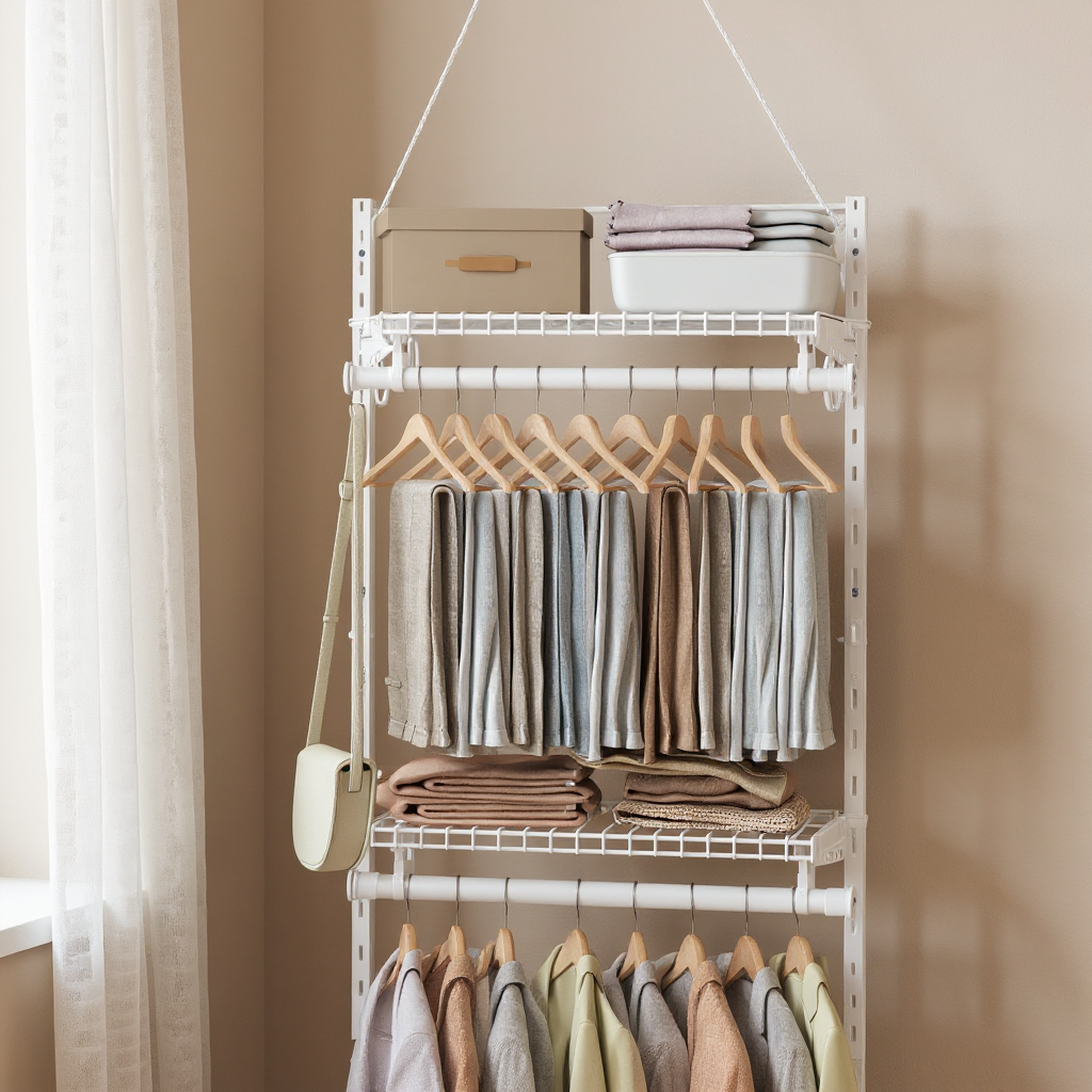 Adjustable Closet Organizer System, 2-4 ft Metal Shelving Unit with 2 Hanging Rods & 2 Shelves, for Wardrobe Pantry Mudroom, Cloud White