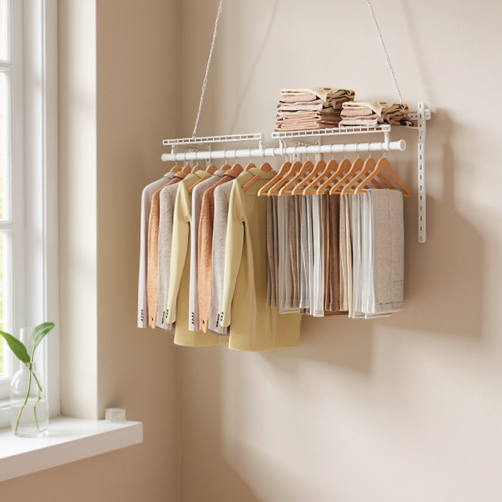 Adjustable Closet Organizer System, 2-4 ft Metal Shelving Unit with 2 Hanging Rods & 2 Shelves, for Wardrobe Pantry Mudroom, Cloud White