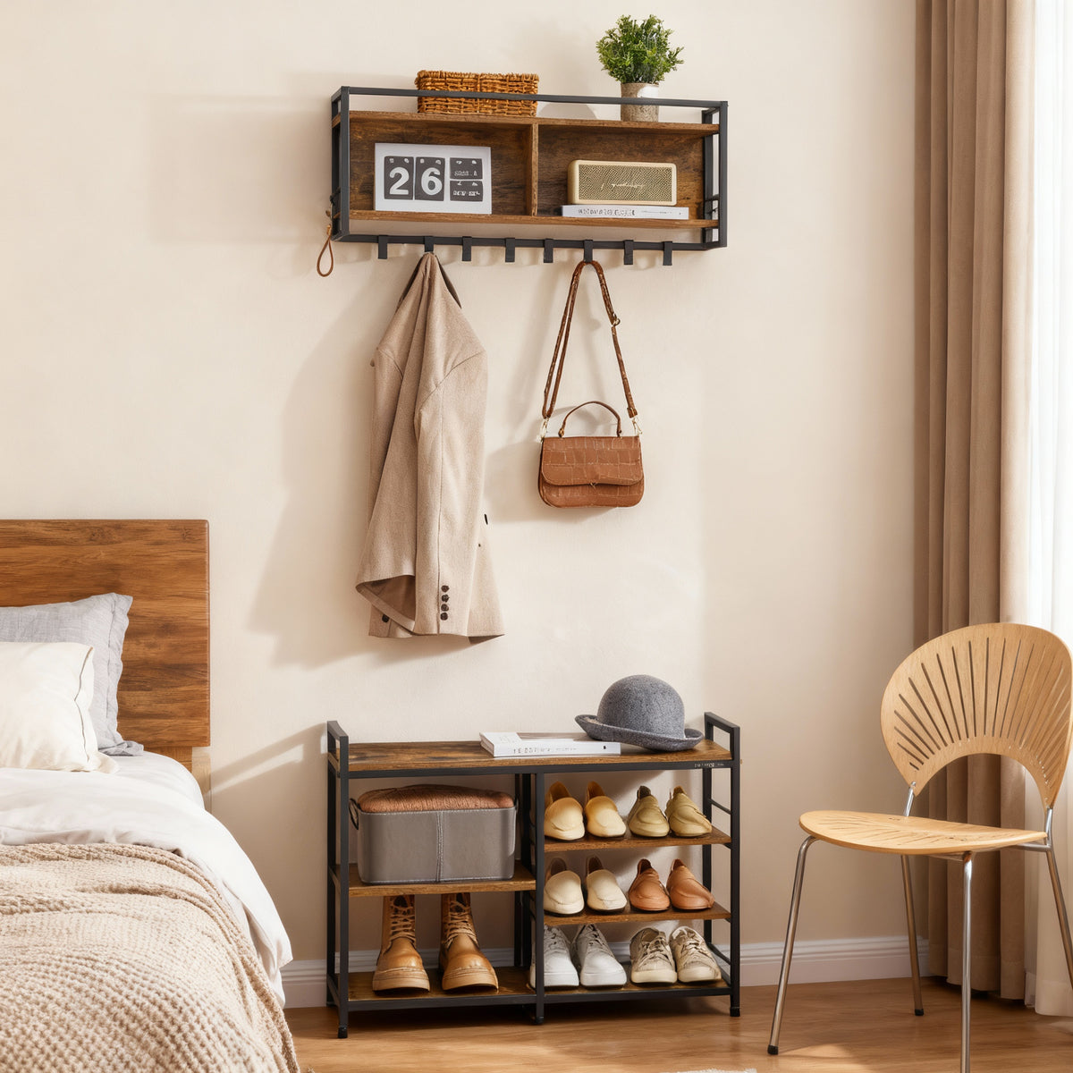 Hall Tree with Shoe Bench, 12-Hook Coat Rack & 4-Tier Shoe Storage, Multifunctional Entryway Organizer, Rustic Brown